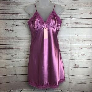 Purple Lace Trim Spaghetti Strap Satin Nightgown